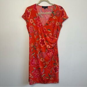 Jones New York Signature - Coral Orange Floral Faux Wrap Dress - Medium M